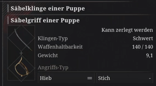 Säbelklinge einer Puppe